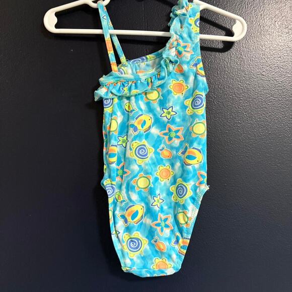Vintage 90s One Piece Swimsuit Vibrant Neon Ruffle with Turtles Fish 12-18M - Picture 3 of 4